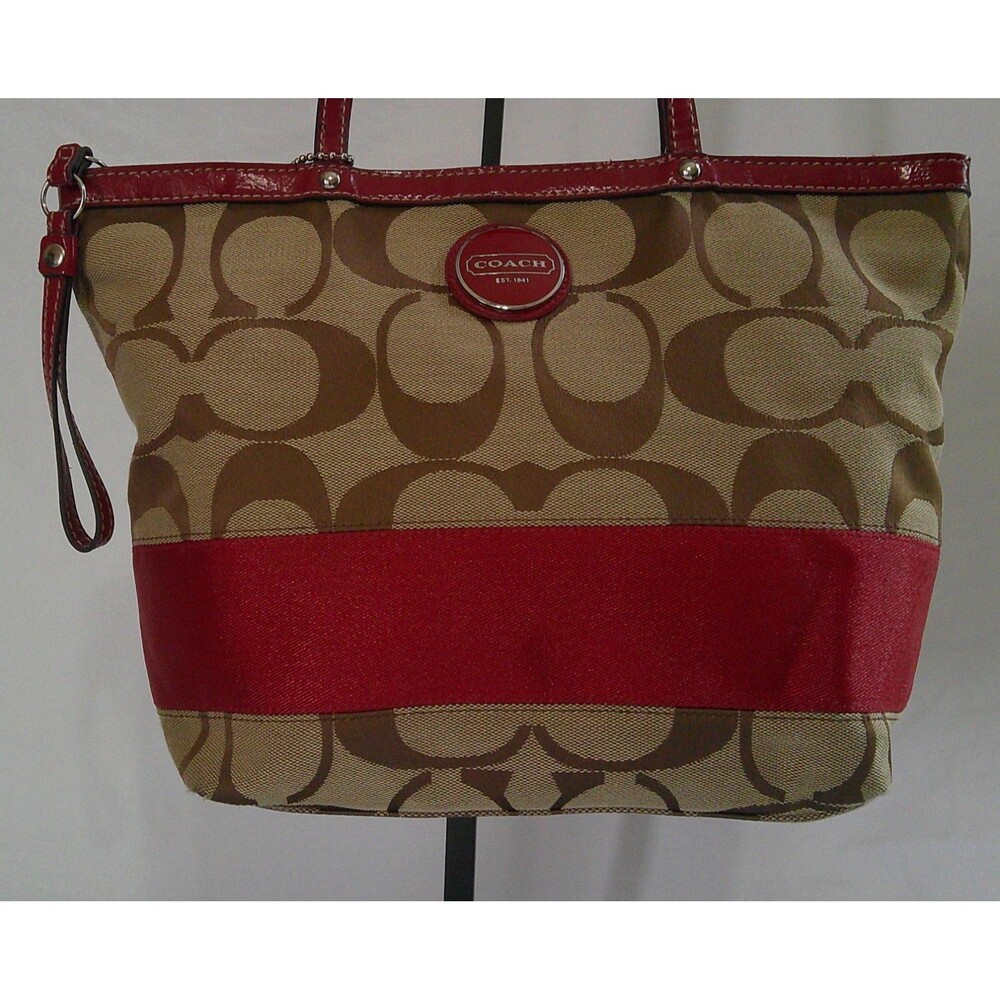 COACH Signature Stripe Tote Bag Canvas Purse Red w/Patent Leather Trim F19046